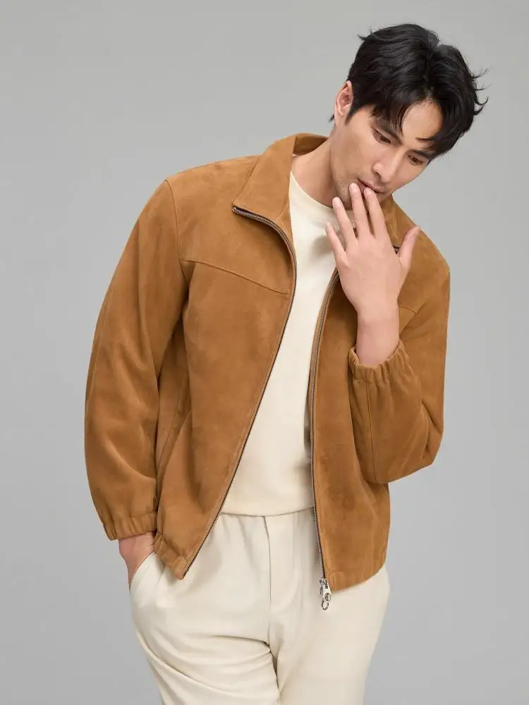 Luxury Mens Soft Natural Suede Leather Jacket Zipper Lapel Collar Business Work Real Suede Coat Autumn Fashion Outerwear Jackets