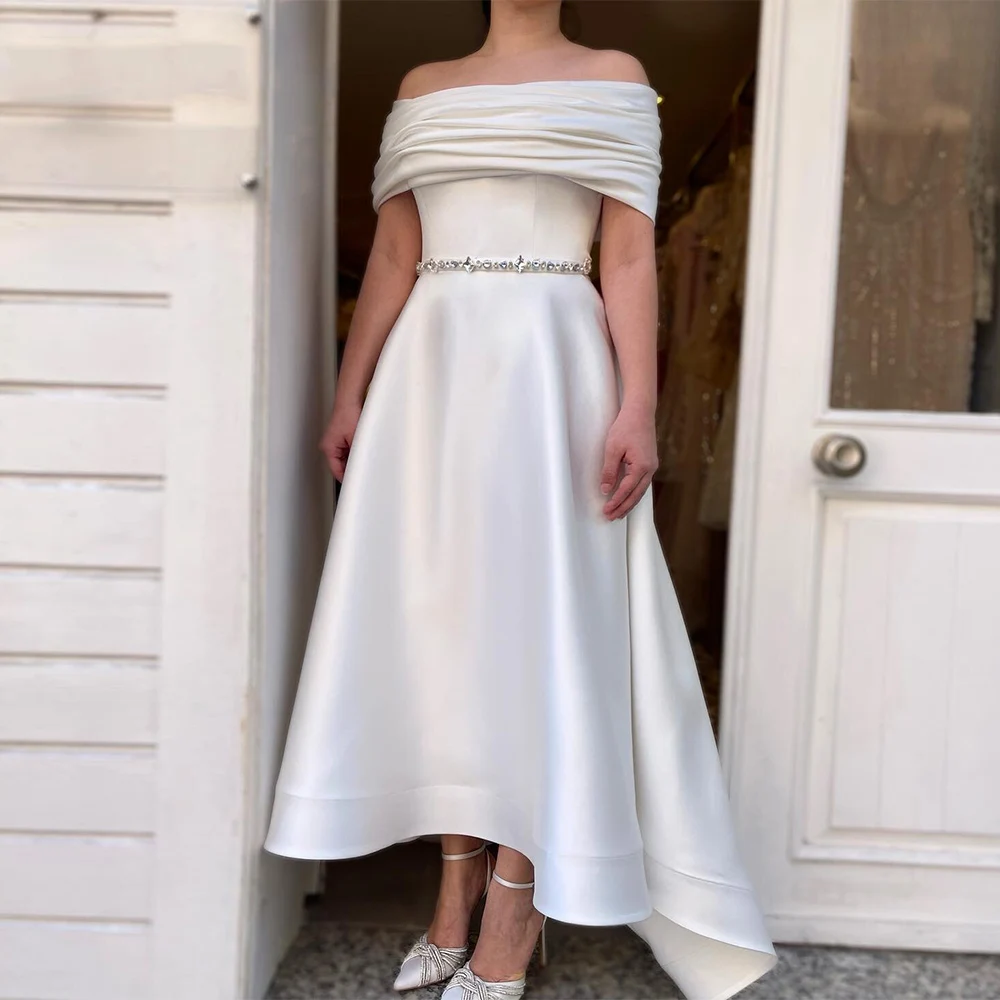 

Classic Midi Wedding Dresses Satin A-line Wedding Guest Dress White Off-the-shoulder Pleat Rhinestone/Crystals Bridal Gown 2025