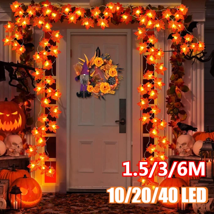 Artificial Maple Leaf Leaves 10/20/40/LED Light String Lantern Garland Home Party DIY Christmas Decoration New Year Battery Box