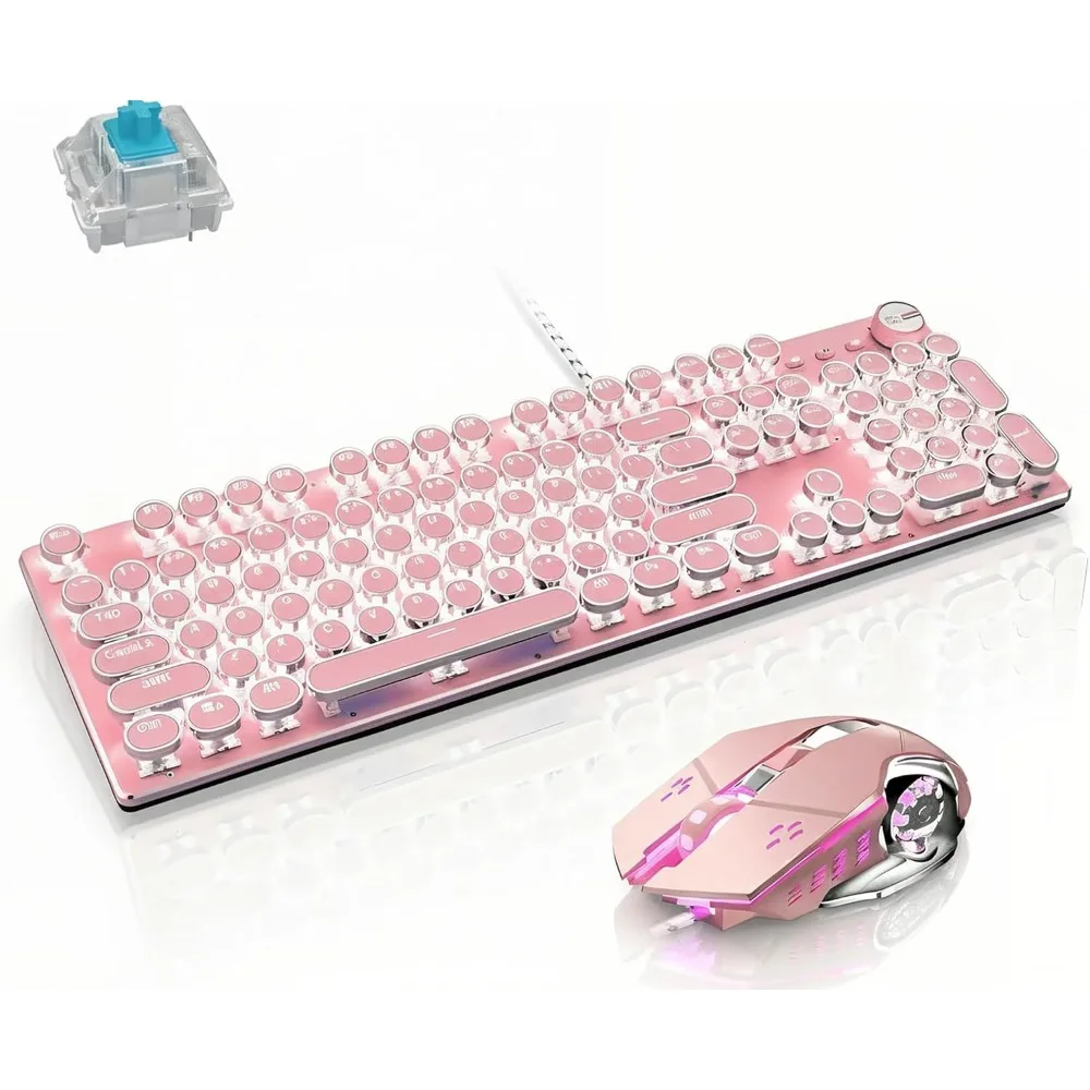 Mechanical Gaming Keyboard and Mouse Combo, LED Backlit, 104-Key Anti-Ghosting Blue Switch, Wired USB Metal Panel Round Keycaps