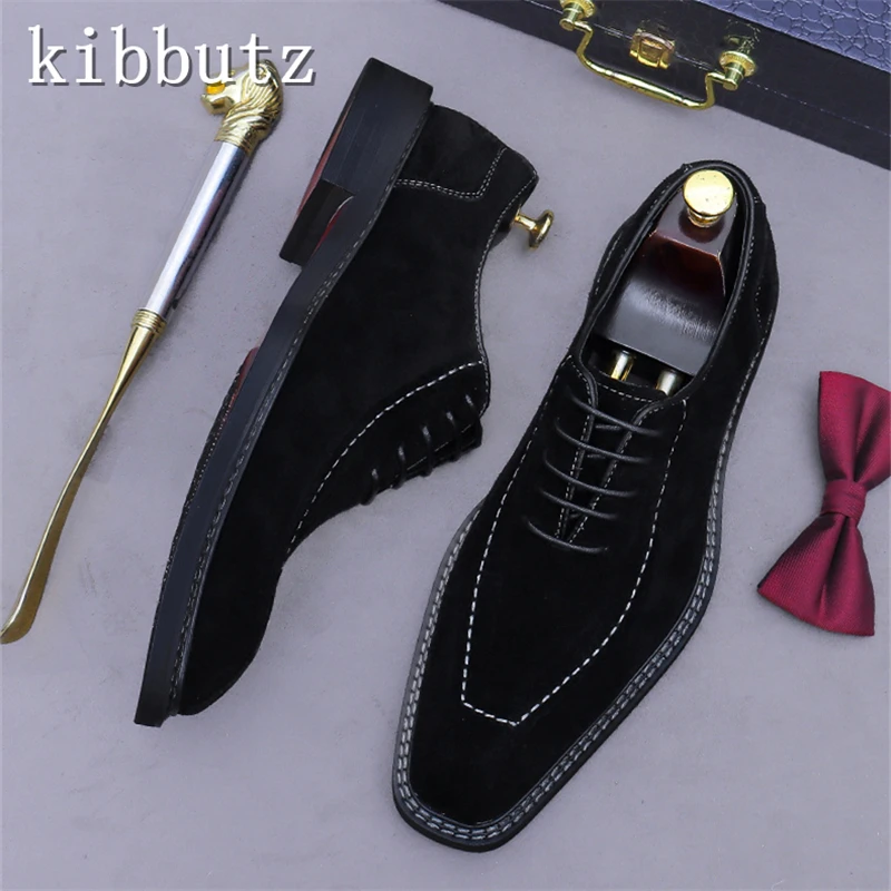 British Retro Cow Suede Leather Oxford Shoes Men Luxury Handmade Square Toe Lace Up Casual Business Formal Shoes