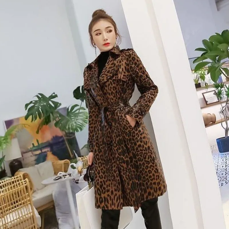 2023 New Women Deerskin Leopard Print Long Trench Coat Autumn Fashion Female Temperament Slimming A- Line Style Casual Outwear