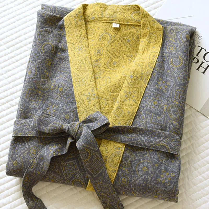 

100% Cotton Couple Sleepwear Kimono Bathrobe Gown Vintage Jacquard Robe Home Dress Spring Autumn New Women Night Wear Loungewear