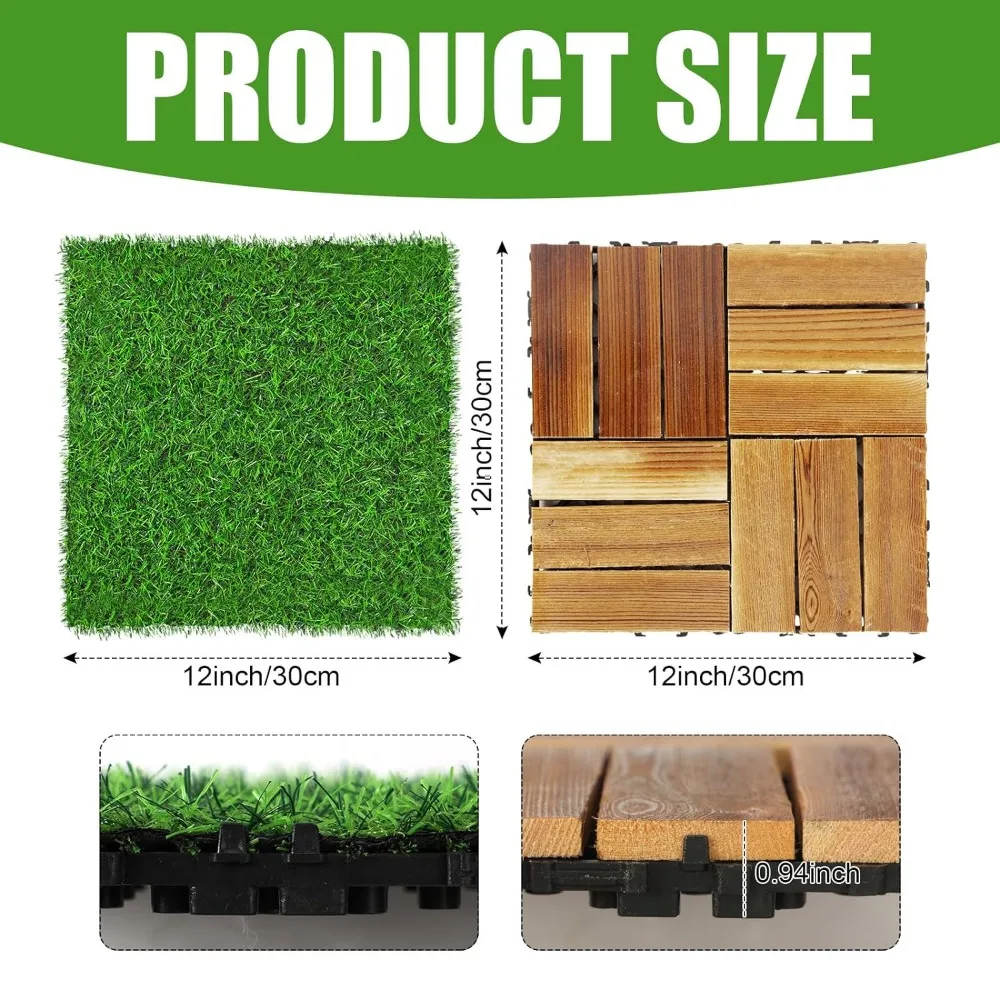 48 Pcs Hardwood Interlocking Patio Deck Tile and Artificial Grass Tile Waterproof Wood Flooring 12 X 12''Freight Free Garden