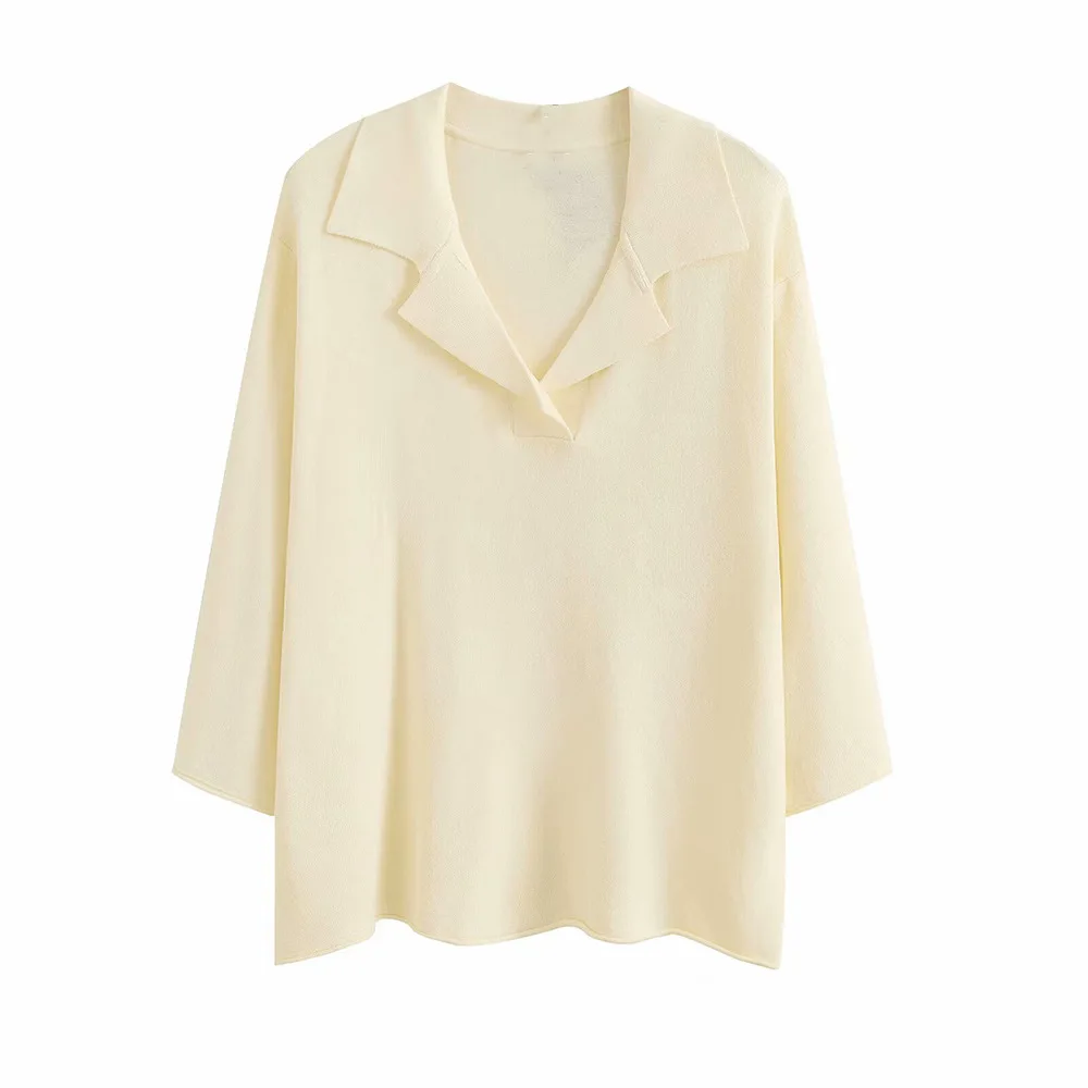 

женский свободный вязаный пуловер с воротником-поло, однотонная плиссированная укороченная рубашка с половиной рукавов, простой новый женский топ на раннюю осень