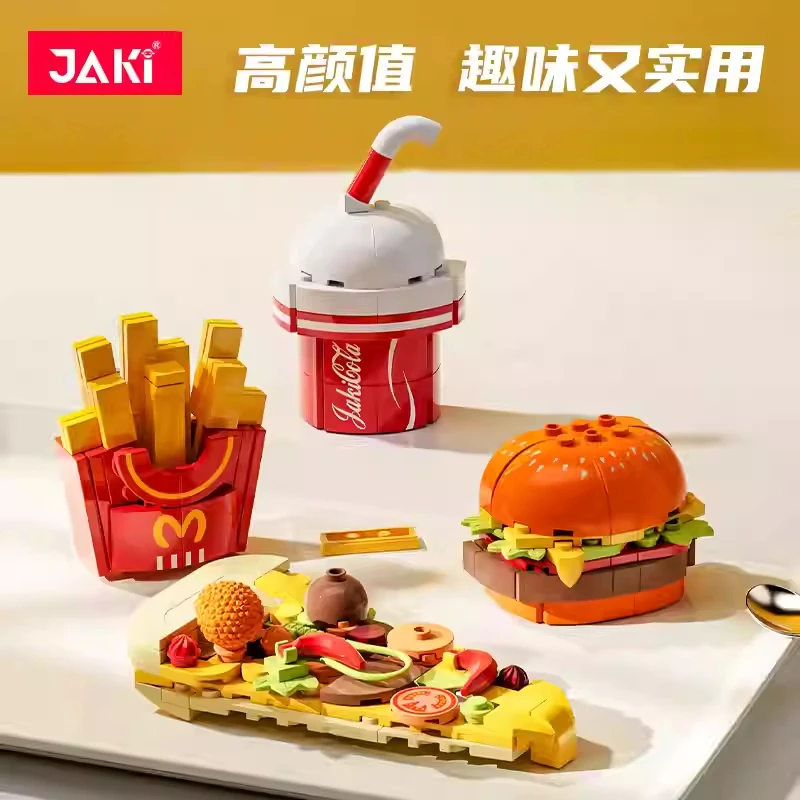 JAKI Diy Refrigerator Magnet Sticker French Fries Hamburg Sandwich Taco Pizza Building Blocks Model Bricks Kids Sets Toys