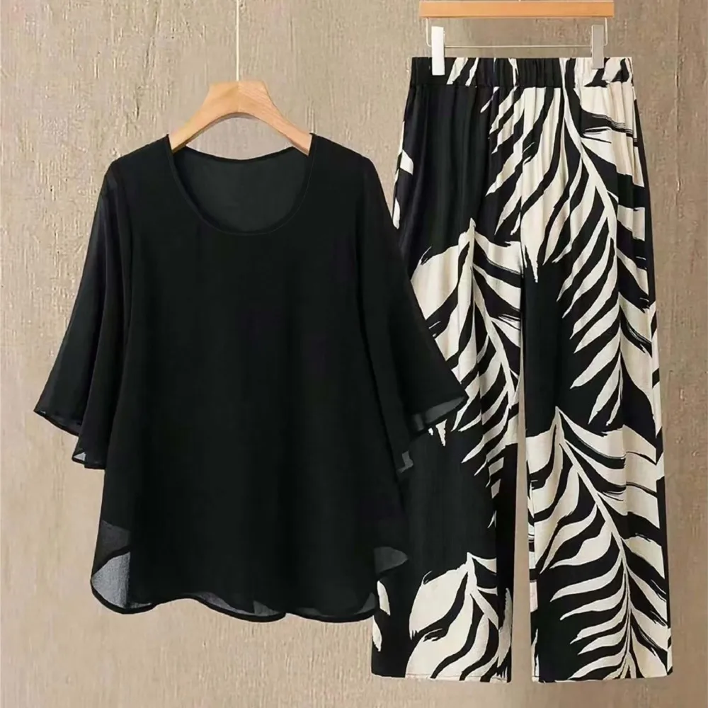

Spring New Casual O Neck Women's Long-sleeved Chiffon Top Suit Fashion Elegant Loose Vacation Female Printed Trousers 2piece Set