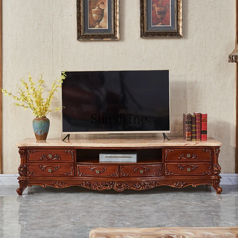 

European solid wood TV cabinet carved marble low cabinet living room furniture