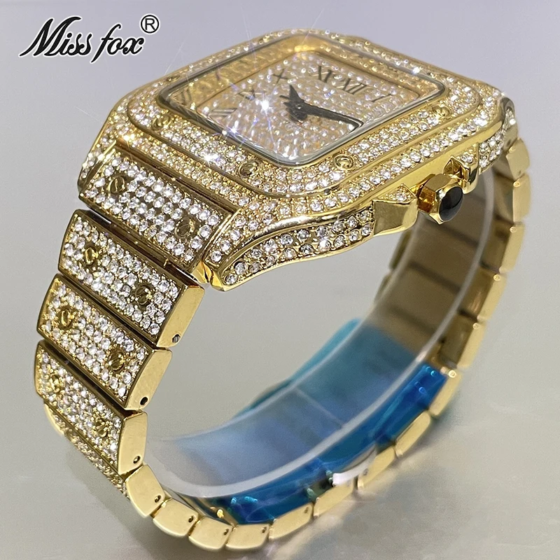 MISSFOX Luxury Gold Watch For Men Fashion Waterproof Quartz Clocks Hip Hop Iced Diamond Square Wristwatch Man Gift Free Shopping