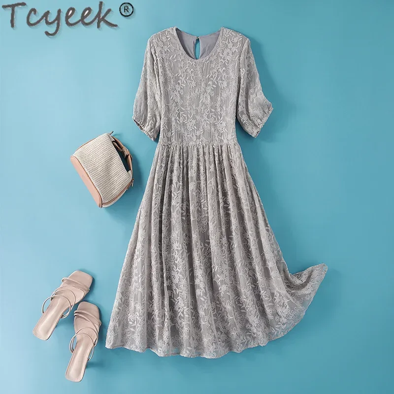 Tcyeek 100% vestido De seda De morera Real, ropa De Mujer, vestido De verano 2024, vestido elegante y elegante para Mujer, Vestidos bordados De Mujer