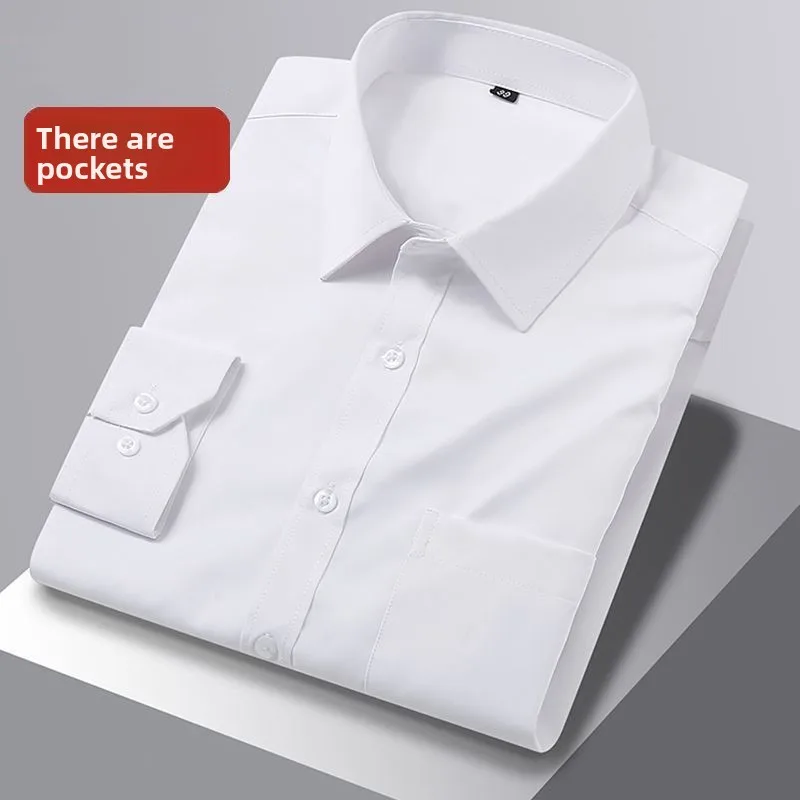 

High-End Men's White irt Long Sve Busin Casual Pure Color Spring Autumn New Sle Cotton Polyester Blend Ice Sensation