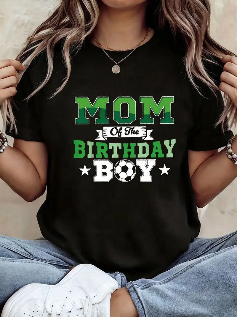 Short Sleeve Women's Polyester Black T-Shirt Mom Of The Birthday Print With Soccer Ball Detail Comfortable Top For Outdoor Wear