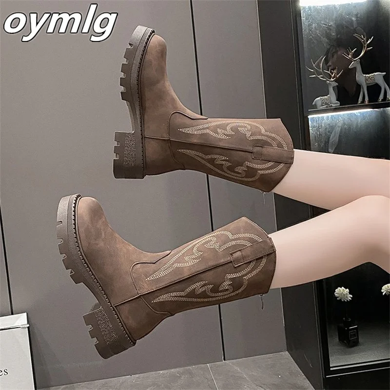 Coarse and versatile denim boots for women V-neck embroidered sleeve knight boots for winter retro round toe midsole boots