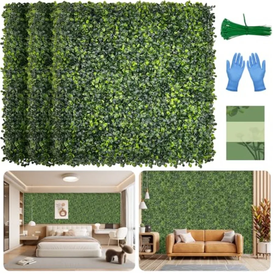 

Искусственные панели для стены из травы 10x10, 24 шт., 16,8 кв. футов, УФ-стойкие, имитация боксвуда, для декора зеленых стен внутри и снаружи помещений, для создания приватности