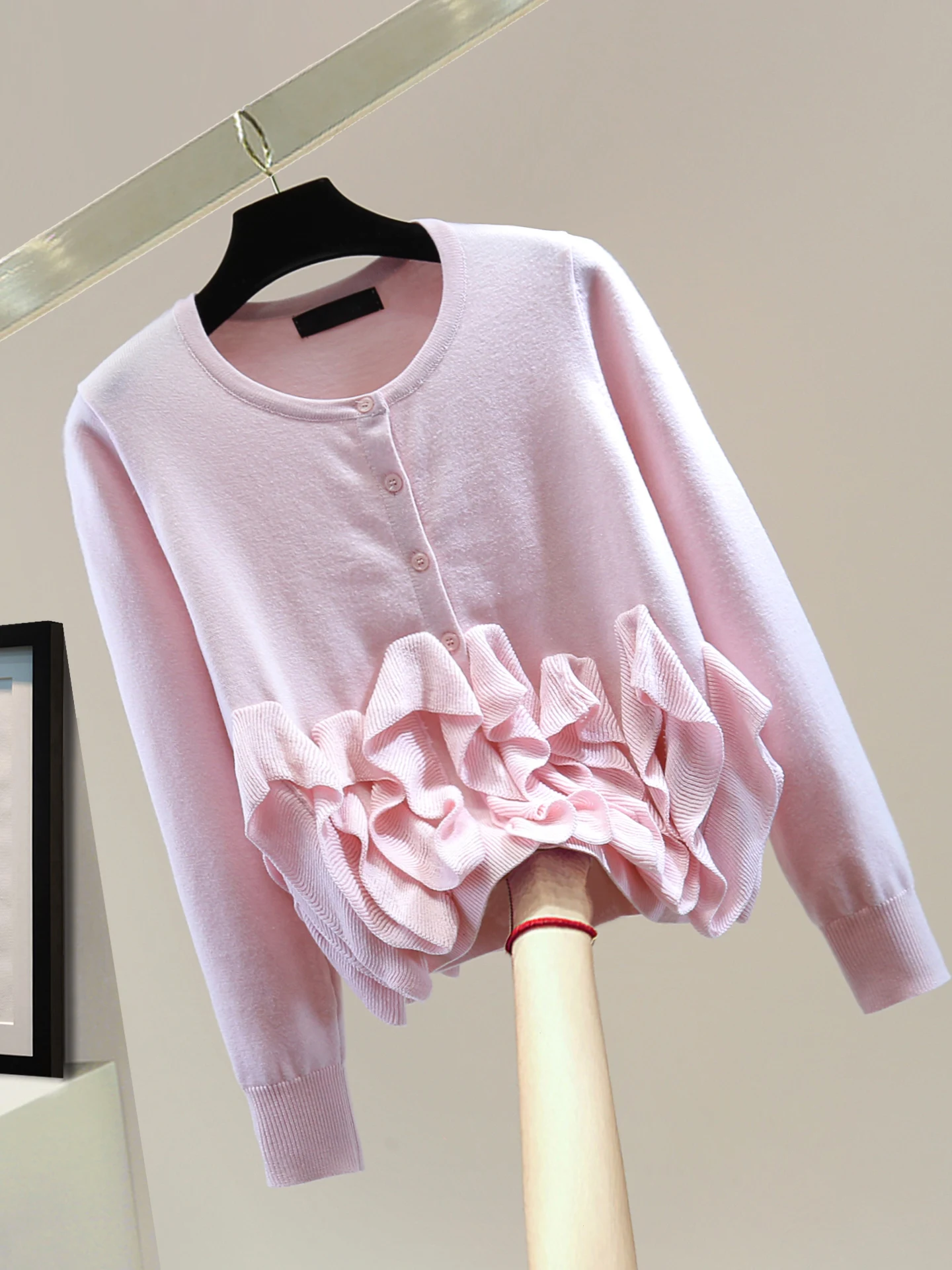 

Long Sve Knitted Sweater Casual round Ne Splicing Pleated Hem Commute Sle Autumn Winter Pure Color Open Cardigan Sweater