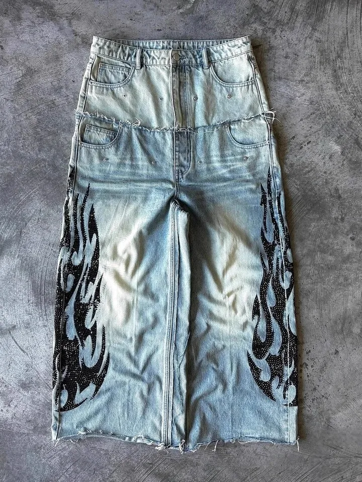 

Retro Dual Waist Embroidered Denim Jeans Y2K Men's High Street Hip Hop Trendy Brand Tassel Long Pants Cotton Straight Leg