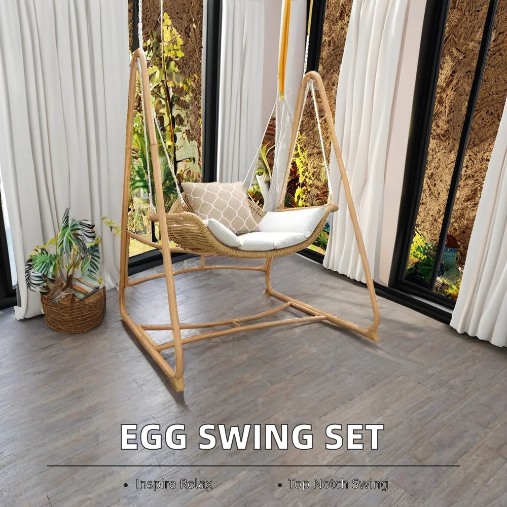 All-Weather Large Wicker Rattan Hanging Chair Swing with Steel Frame Set Outdoor Furniture Hammock