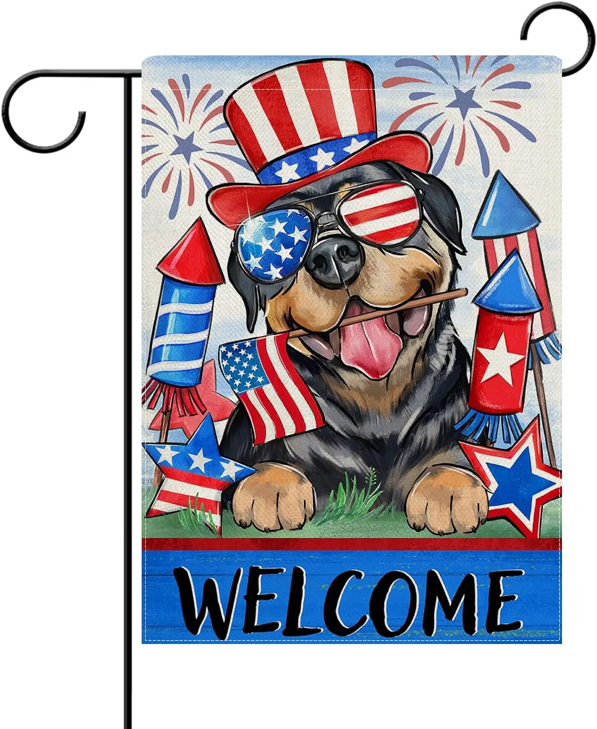 Welcome 4th of July Rottweiler Dog Patriotic Decorative Garden Flag, America Pet Firework Yard Outside Home Decorations Dog Love