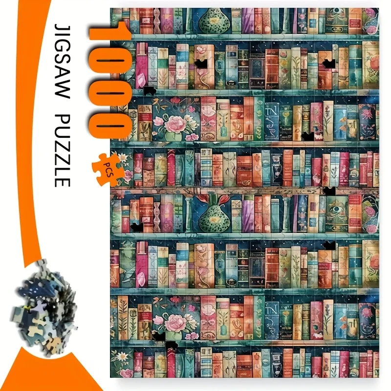 مشهد رف الكتب الملون، 1000 قطعة لعبة ألغاز، ألغاز للكبار ديكور فني مستطيل محمول، اختيار مثالي لـ Ethus DIY #1