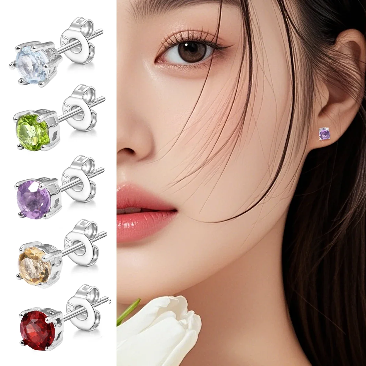 

S9S925 Silver Women's Birthstone Earrings AAA Cubic Zirconia 12-Color Studs Fashion Girl Jewelry Party Anniversary Gift