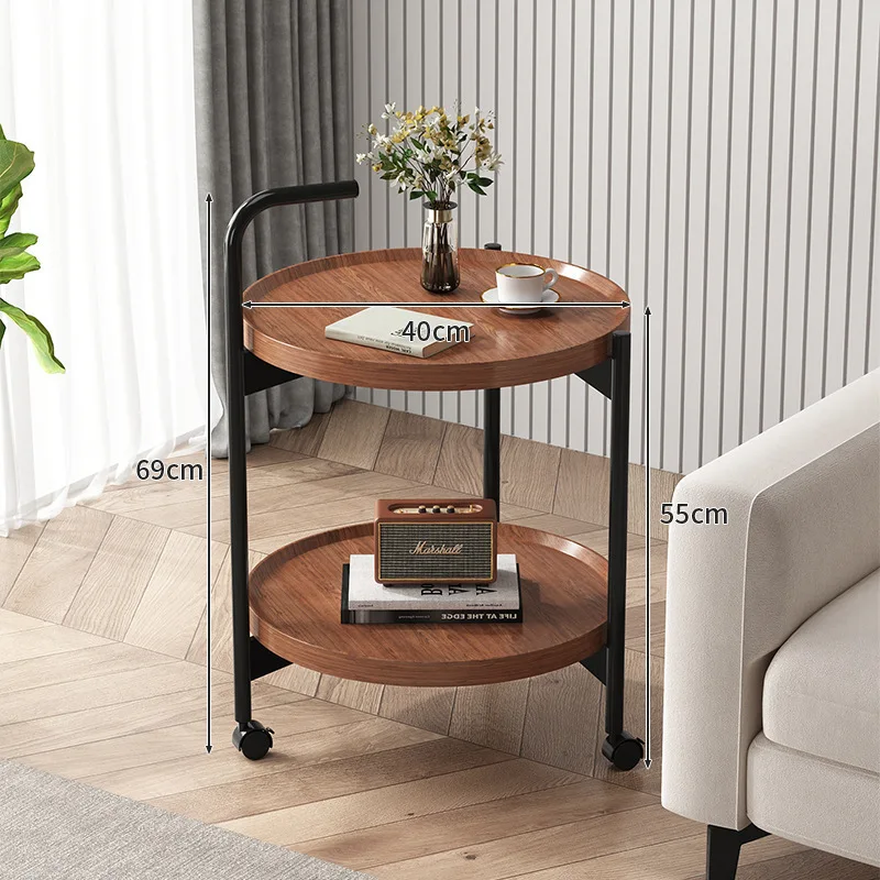 Bedside Wood Table Small Coffee Versatile Double Layer Wheels Space Saving 2-Tier Nightstand Storage Organizer Living Bedroom