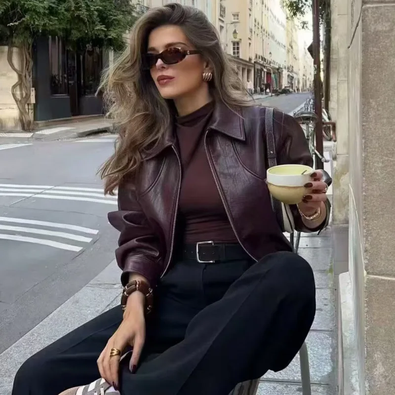 Fashion Solid Pu Leather Women Motorcycle Jacket Chic Lapel Long Sleeve Slim Short Coat With Belt Autumn Lady High Street Tops