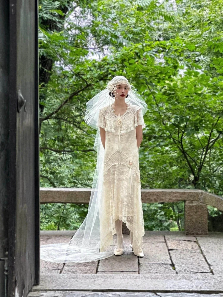 

Ретро-свадебное платье для женщин, кружевное вечернее платье, платье для регистрации брака, помолвочное платье, длинная юбка с завышенной талией