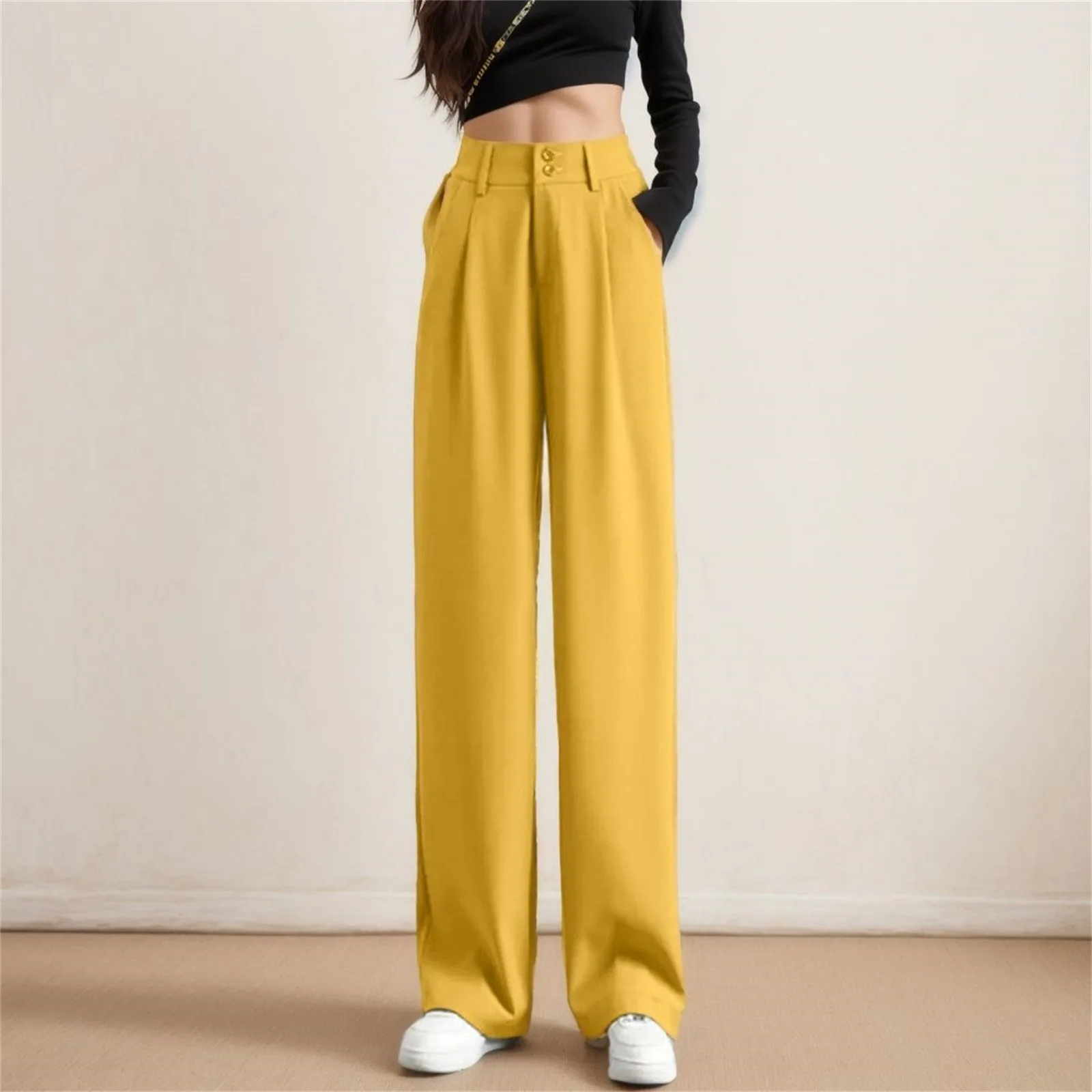 

Long Straight Suit Pants Women High Elastic Waisted In The Back Business Work Trousers Women Temperament Commuter Wide Leg Pants