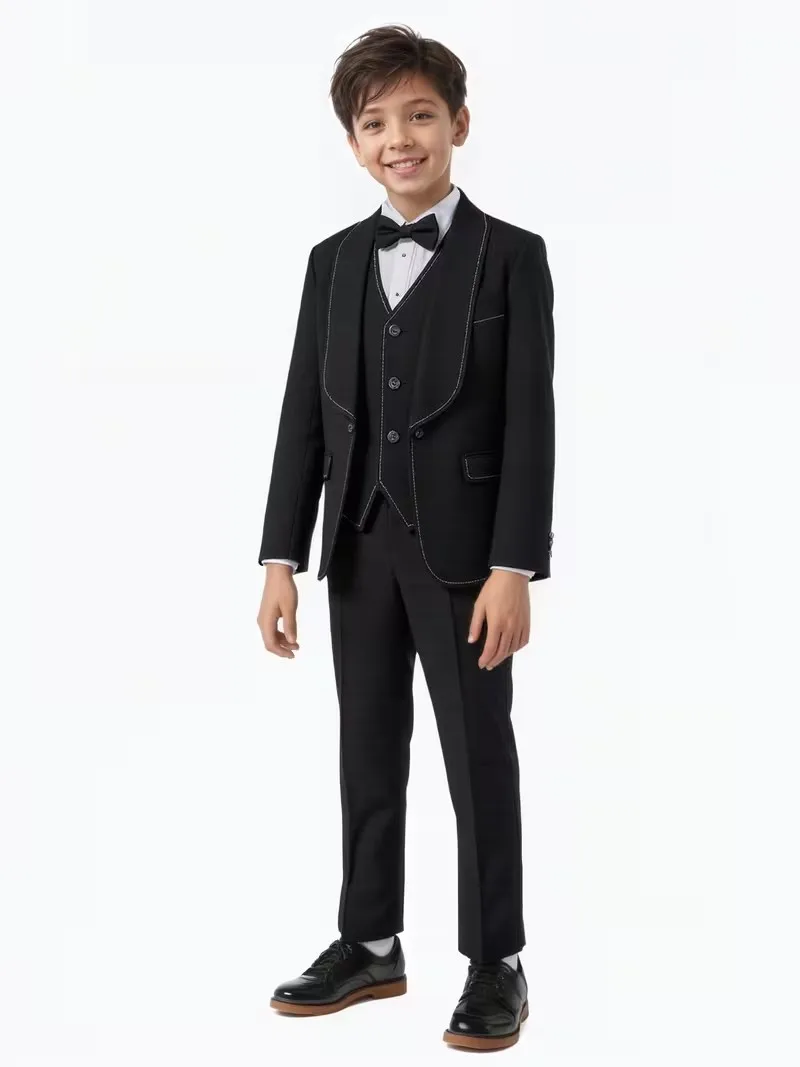 

Teenager Kids Black Spring Jacket Vest Pants Bowtie Host Dress Boys Wedding Dress Children Birthday Ceremony Photography Costume