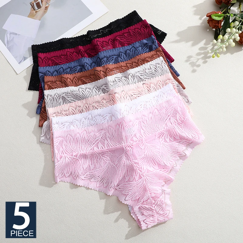 FINETOO 5PCS Floral Spitze Höschen Sexy Perspektive Briefs Mittlere Taille Unterhose Weibliche Atmungsaktive Dessous Brasilianische Unterwäsche