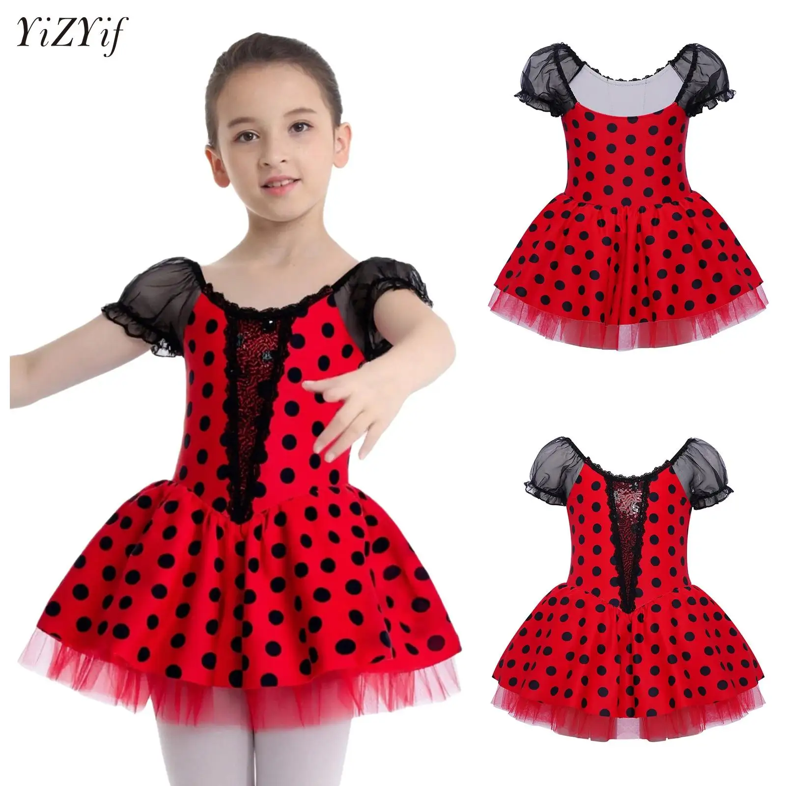 

New Professional Girls Ballet Tutu Dress Short Puff Sleeves Mesh Skirt Color Block Dots Kids Dance Gymnastics Leotard Costume