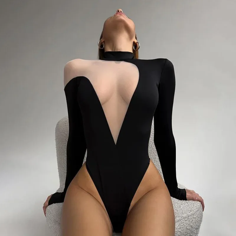 sexy mesh patchwork bodysuit women long sleeve transparent see through jumpsuit sexy streetwear high waist bodycon rompers