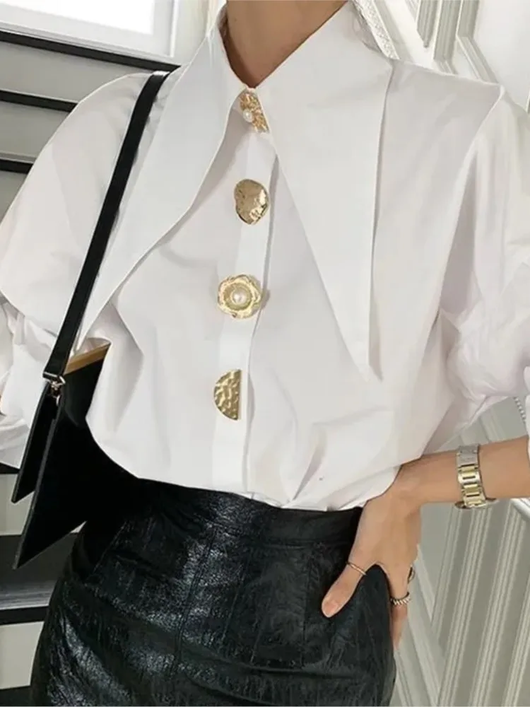 

White Shirts Women Pearl Button Solid French Vintage Blouse 2024 Spring New Button Up Shirt Pointed Collar Long Puff Sleeve Tops