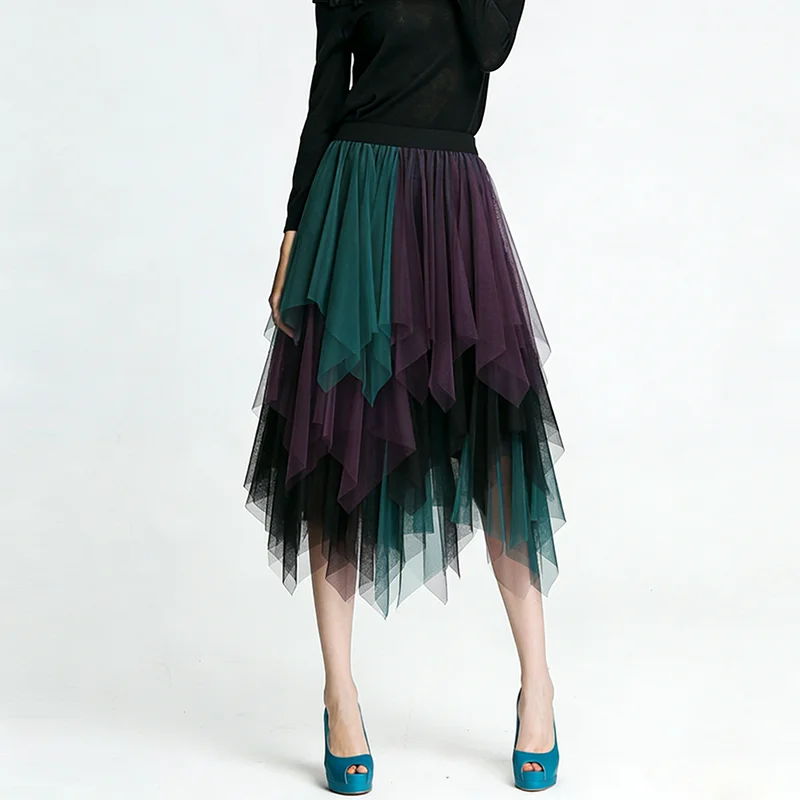 

Multi Layered Irregular Contrasting Colors Mid Length Elastic Waist Mesh A-line Skirts For Women PY26009
