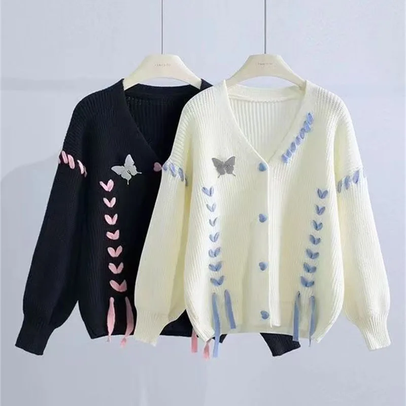 Femmes pull fille collège Style amour papillon sangle tricot Cardigan pull 2025 printemps automne hiver polyvalent veste tricots