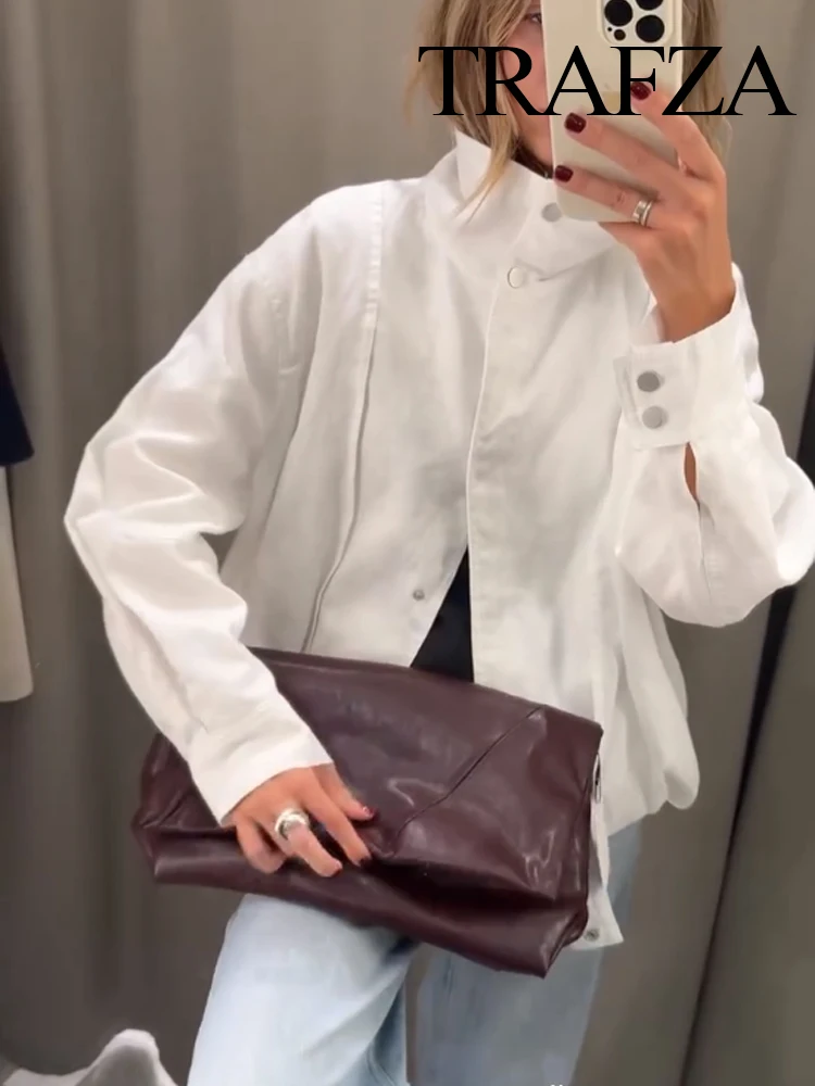 

TRAFZA Women New Fashion Casual Long Sleeves Jackets White High Collar Single-Breasted Female Autumn Street Style Short Coats