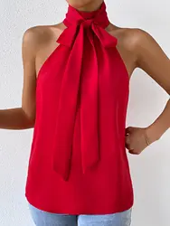 2024 New Women's Shirt Hanging Neck Top Hanging Neck Off Shoulder Top Bow Style Sexy and Elegant