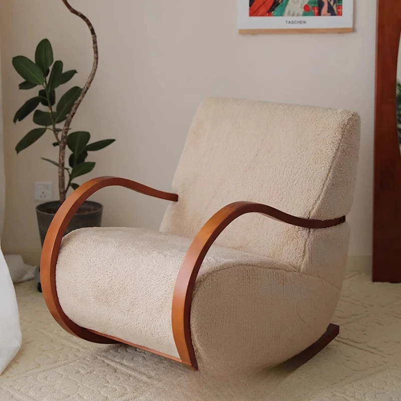 French medieval solid wood beige lamb wool retro rocking chair lazy leisure chair