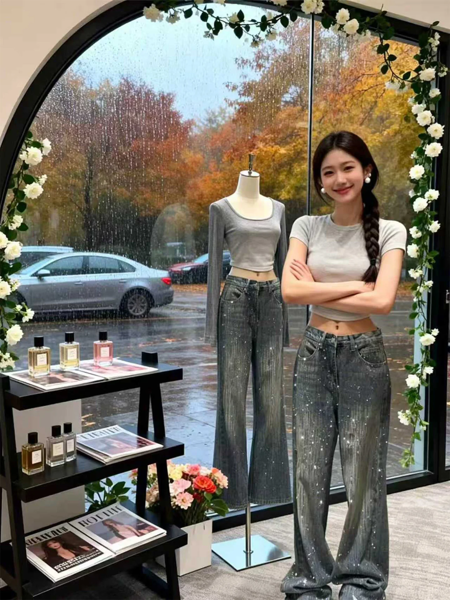 Plus Größe Glitter Diamant Eingebettet Blau Breite Bein Jeans frauen Herbst Winter Neue Sle Ultra ular Dünne Gerade Hosen