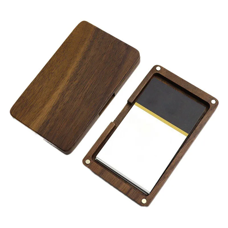 Popular Portable Walnut Business Card Holder Magnetic Closure Geometric Design