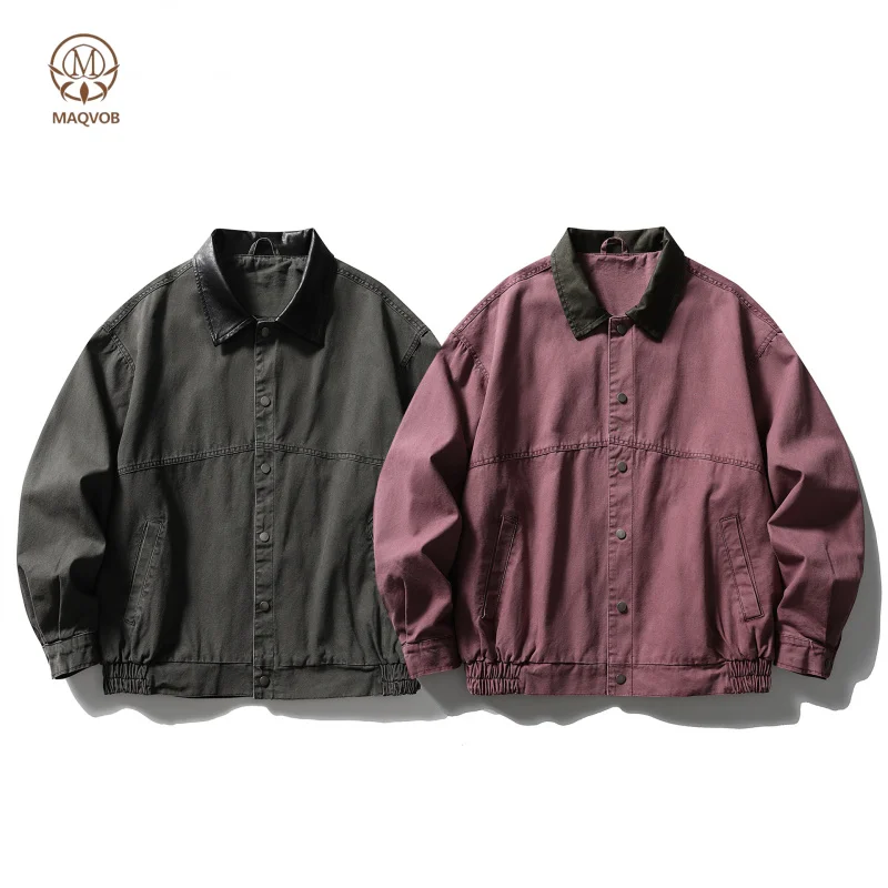 MAQVOB Luxury Quality EU US Size Retro Washed PU Collar Work Jacket Travel Holiday Outdoor Loose-Fit Canvas Hunting Jacket