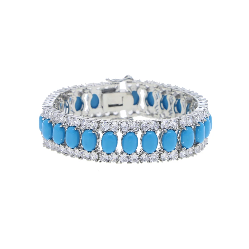 White Gold Plated Color Fashion High Quality Women Girl Jewelry Geometric Oval Shaped Blue Turquoises AAA CZ Tennis Bracelets