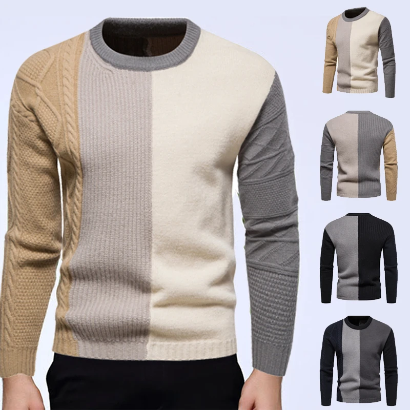 Men\'s Teen Sweater Thick Warm Winter Patchwork Color Long Sleeve Korean Style Breathable Fashion Round Collar Hot Sale Pullovers