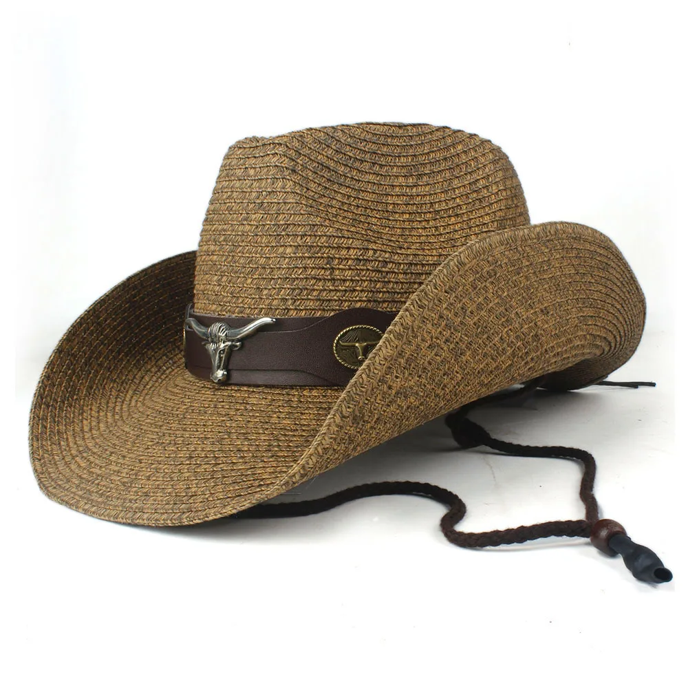 Metal Bull Head  Leather Band Chin Strap Gangster Cap Travel Western Cowboy Cowgirl Summer Sun Beach Straw  Sunscreen Hat