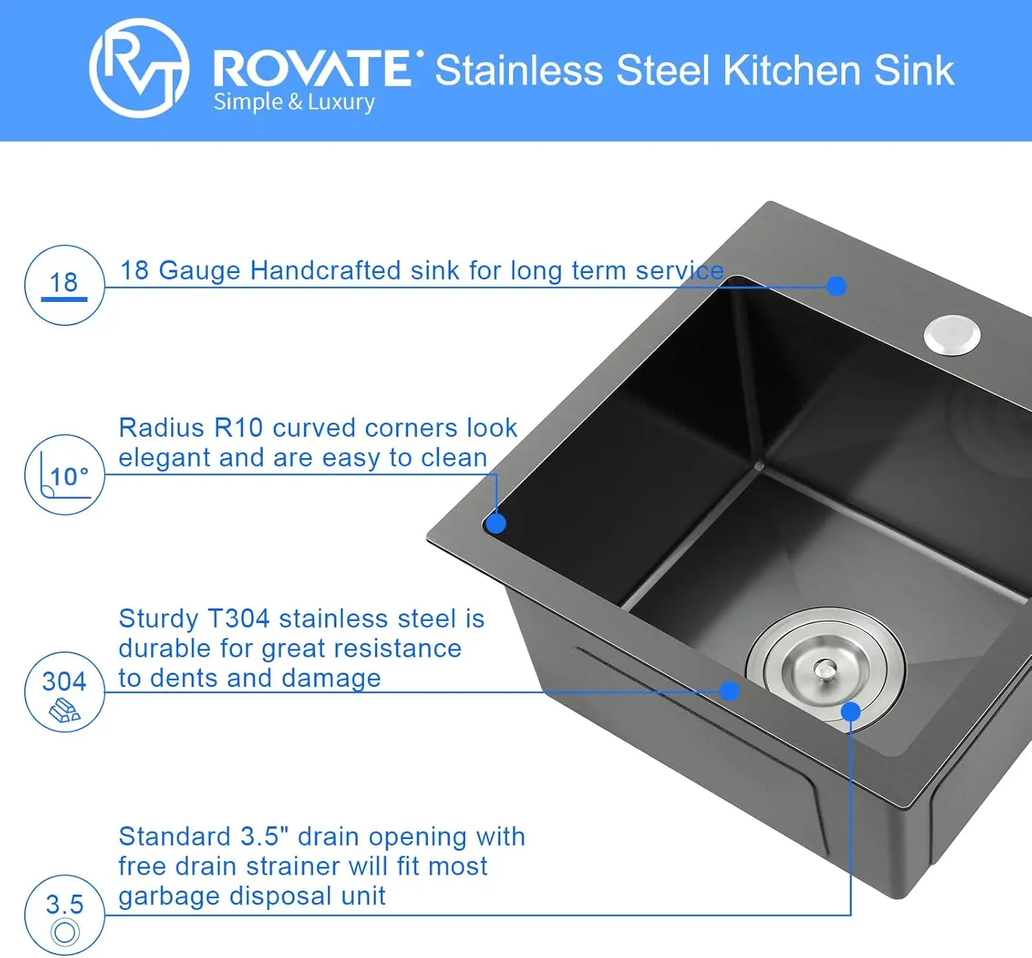 ROVATE 18x18 inch Drop in Kitchen Sink Black Nano Kitchen Bar Sink Top-mount Small Overmount Handmade 304 Stainless Steel Bar