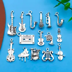 混合楽器チャーム,15個,アンティークシルバー,ジュエリー作り用ペンダント,ギター,ピアノ,音楽チャーム,検索