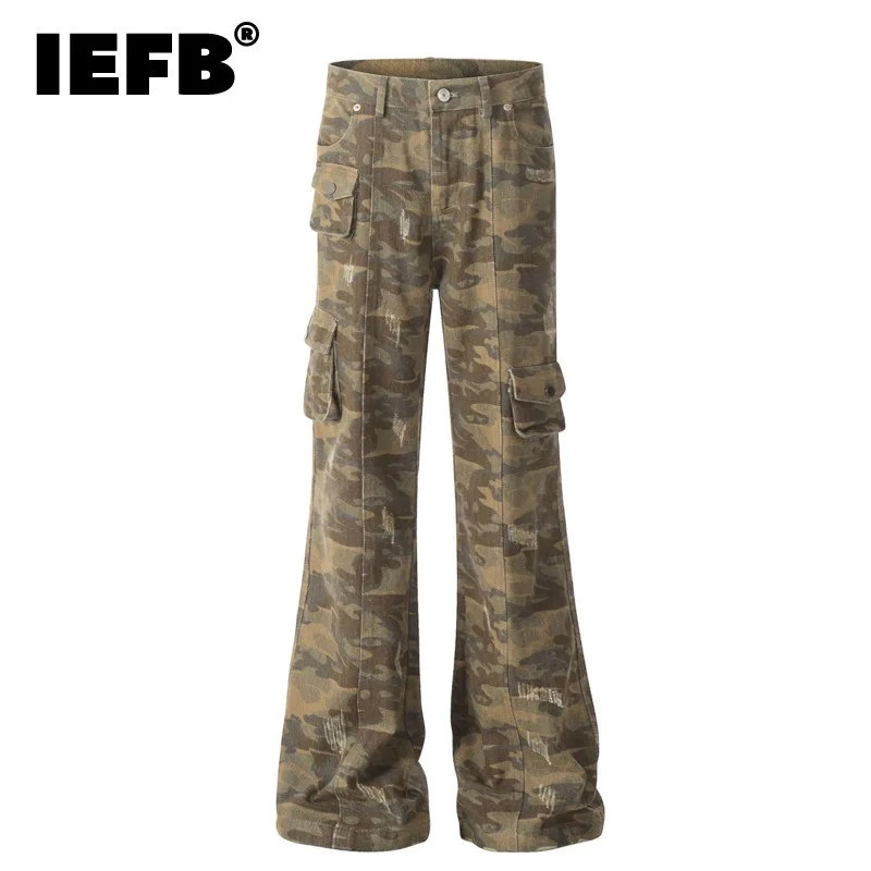 IEFB Apring New Camouflage Denim Cargo Pants Men's Trendy Multi-pocket Worn-out Bottom Wide Leg Casual Male Jeans 2025 9W102