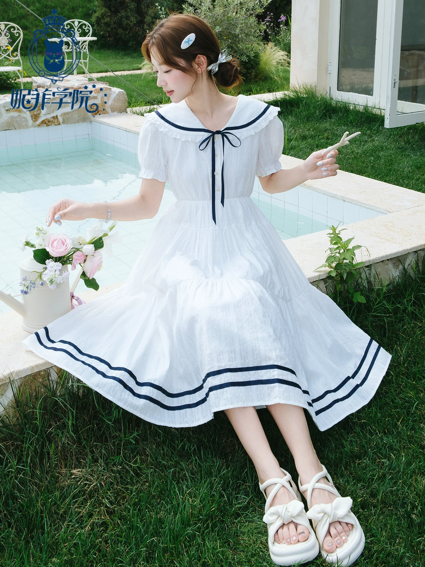 Vestido de Algodão Puro Estilo Primeiro Amor Azul Marinho com Gola, Novo Estilo 2026, para Meninas do Ensino Médio e Crianças Maiores, Saia de Fada, M