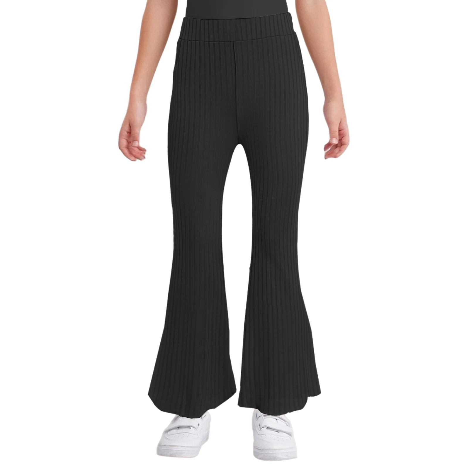 

Kids Girls Striped Texture Flared Pants Casual Elastic Waist Lettuce Hem Bell-Bottom Trousers with Pockets for Yoga Sportswear