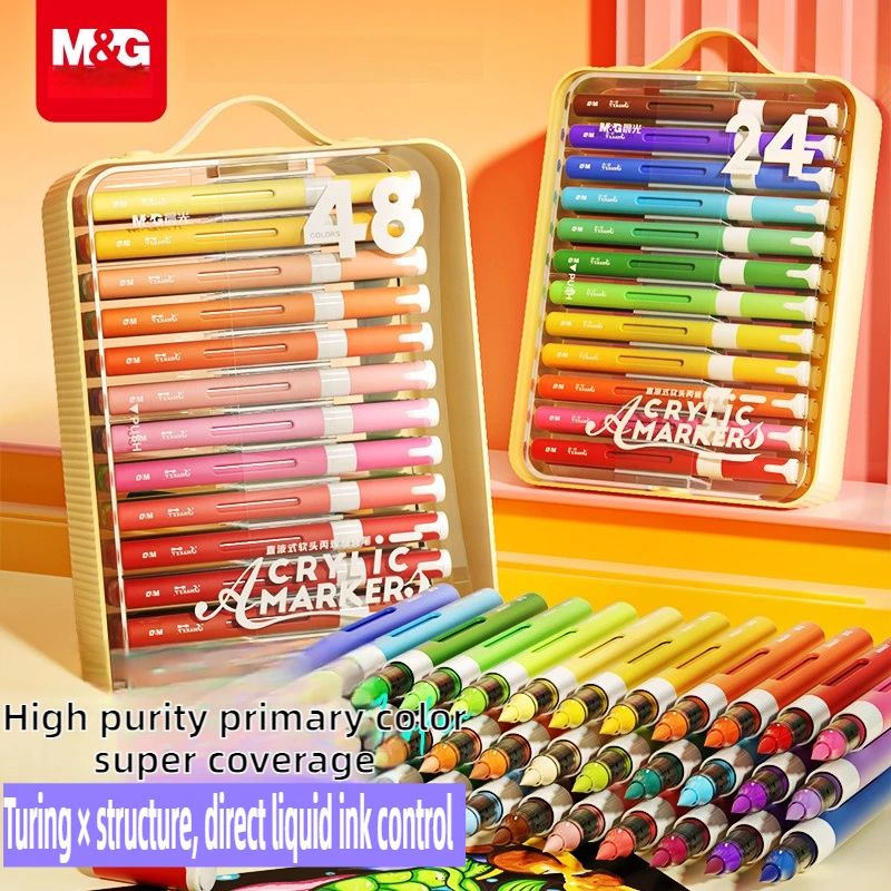

M&G 12/48 Colors Direct Liquid Acrylic Soft Tip Markers Flip Pen Box Design Kids Washable Art Pens School Supplies Stationery
